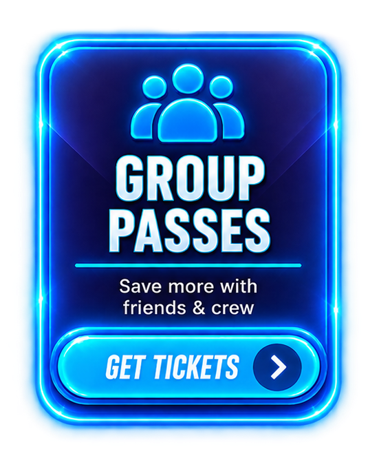 Neon sign promoting group passes with a graphic of a group of people, featuring the text 'Group Passes,' 'Save more with friends & crew,' and a button labeled 'Get Tickets' with a right arrow.