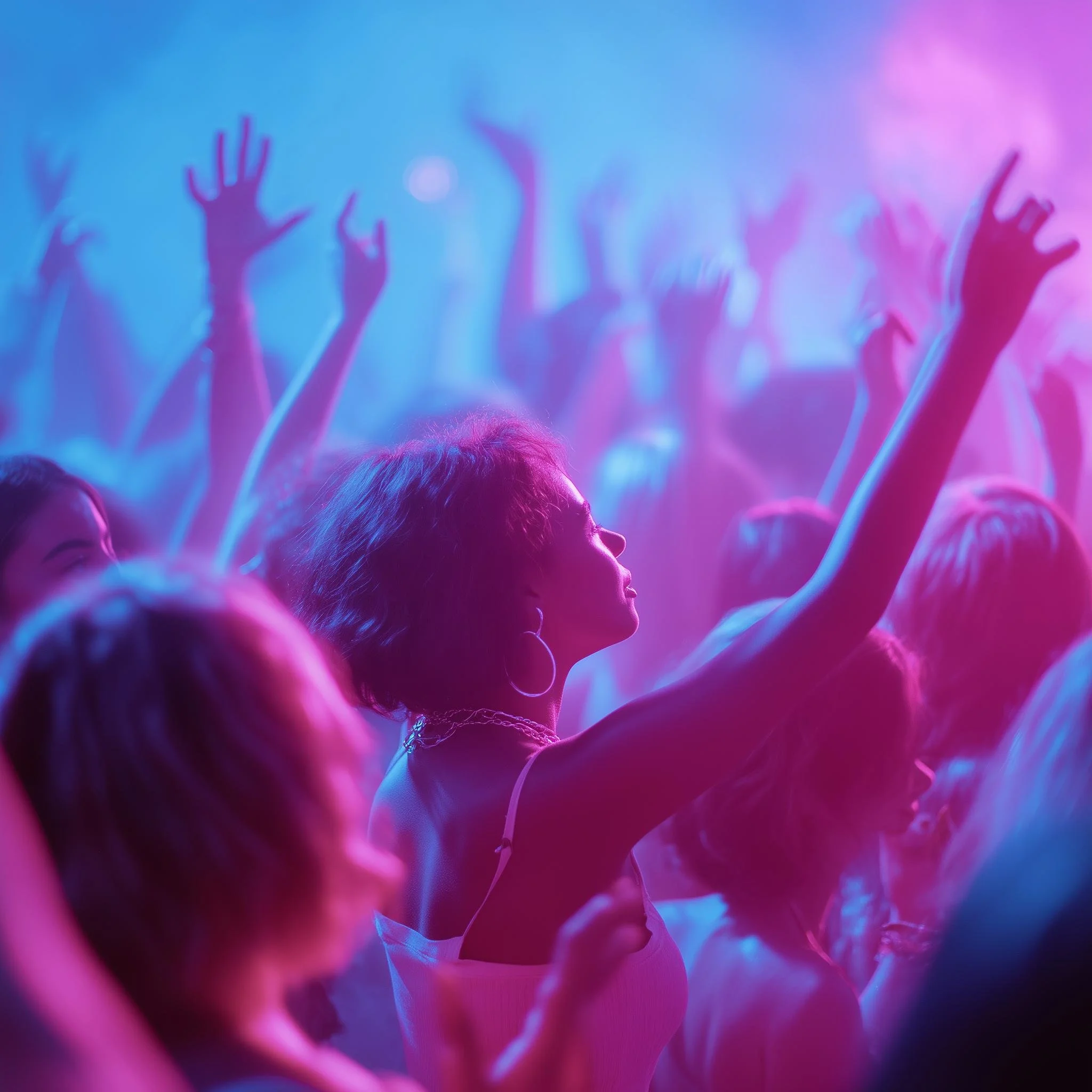 People dancing at a concert or club with colorful neon lighting