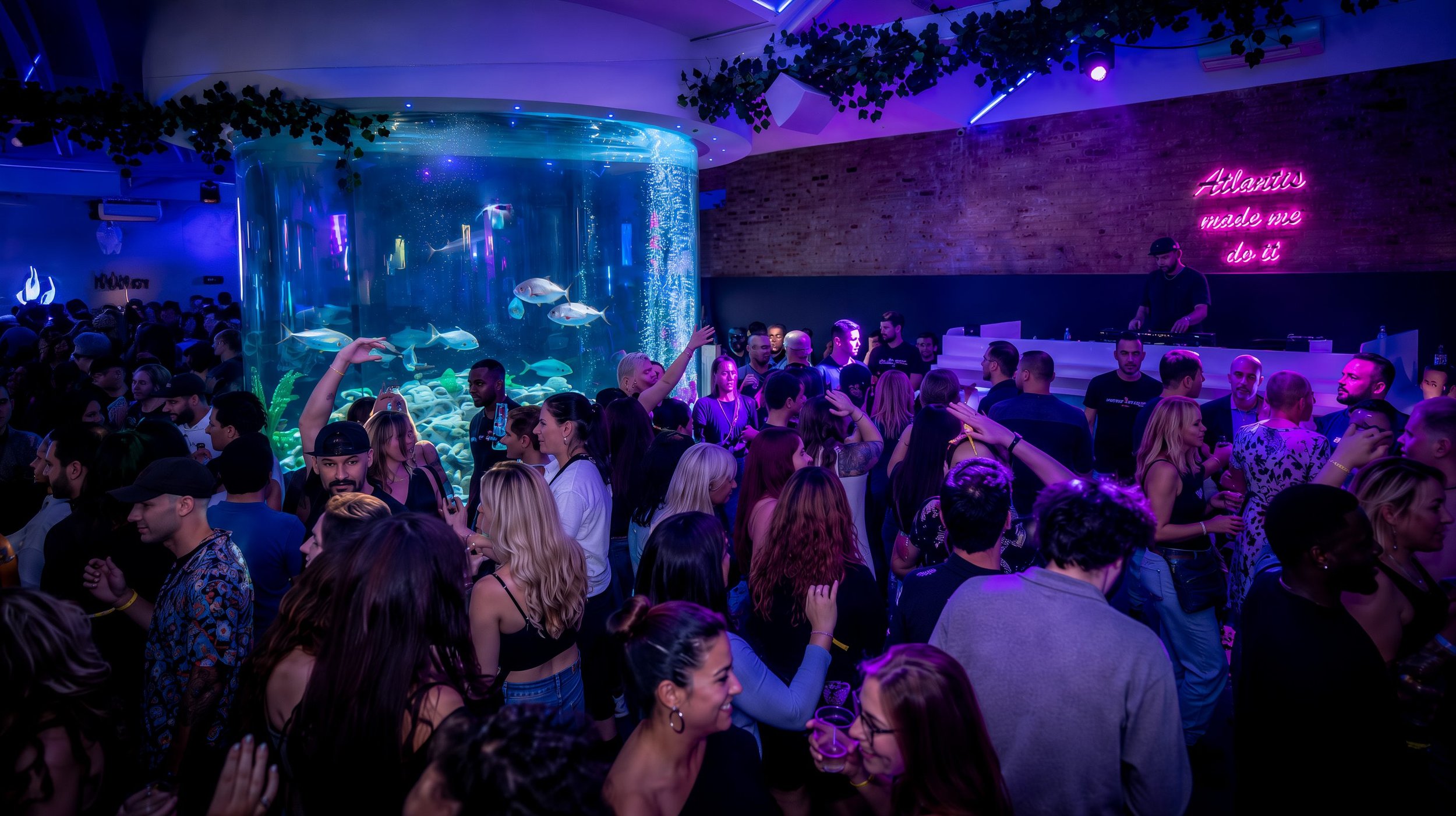 Crowd of people dancing and socializing in a nightclub with an aquarium tank and blue lighting.