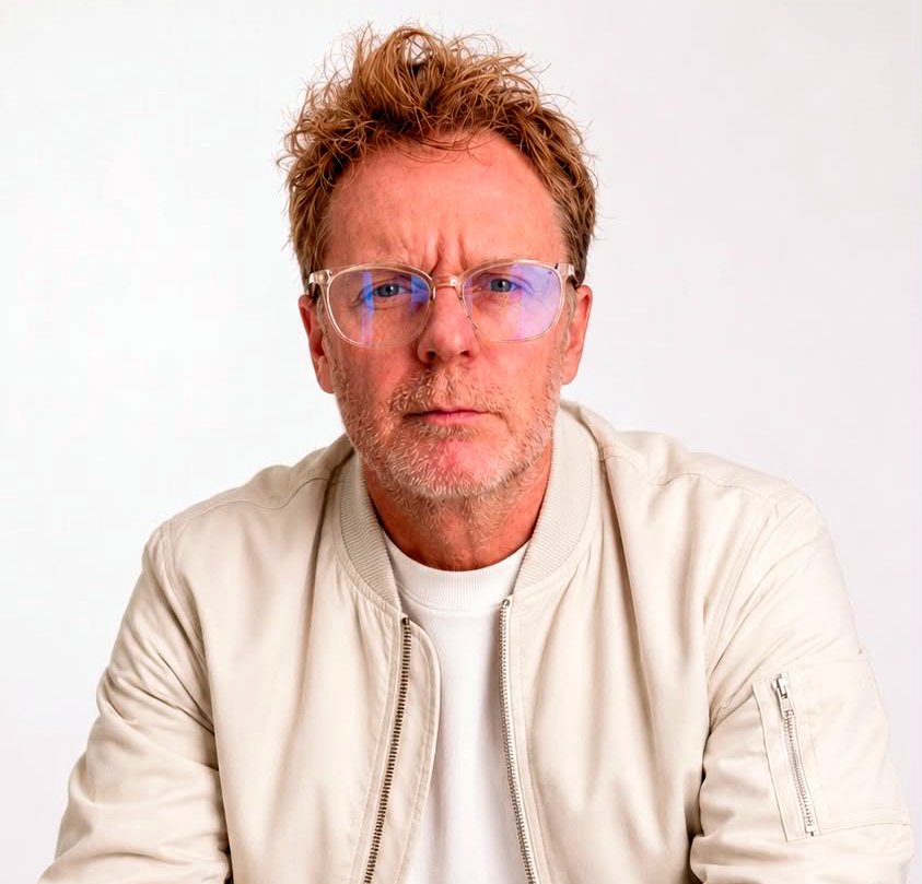 A middle-aged man with messy reddish-blonde hair, glasses, and facial hair, wearing a light-colored bomber jacket over a white t-shirt, looking directly at the camera with a serious expression against a plain white background.