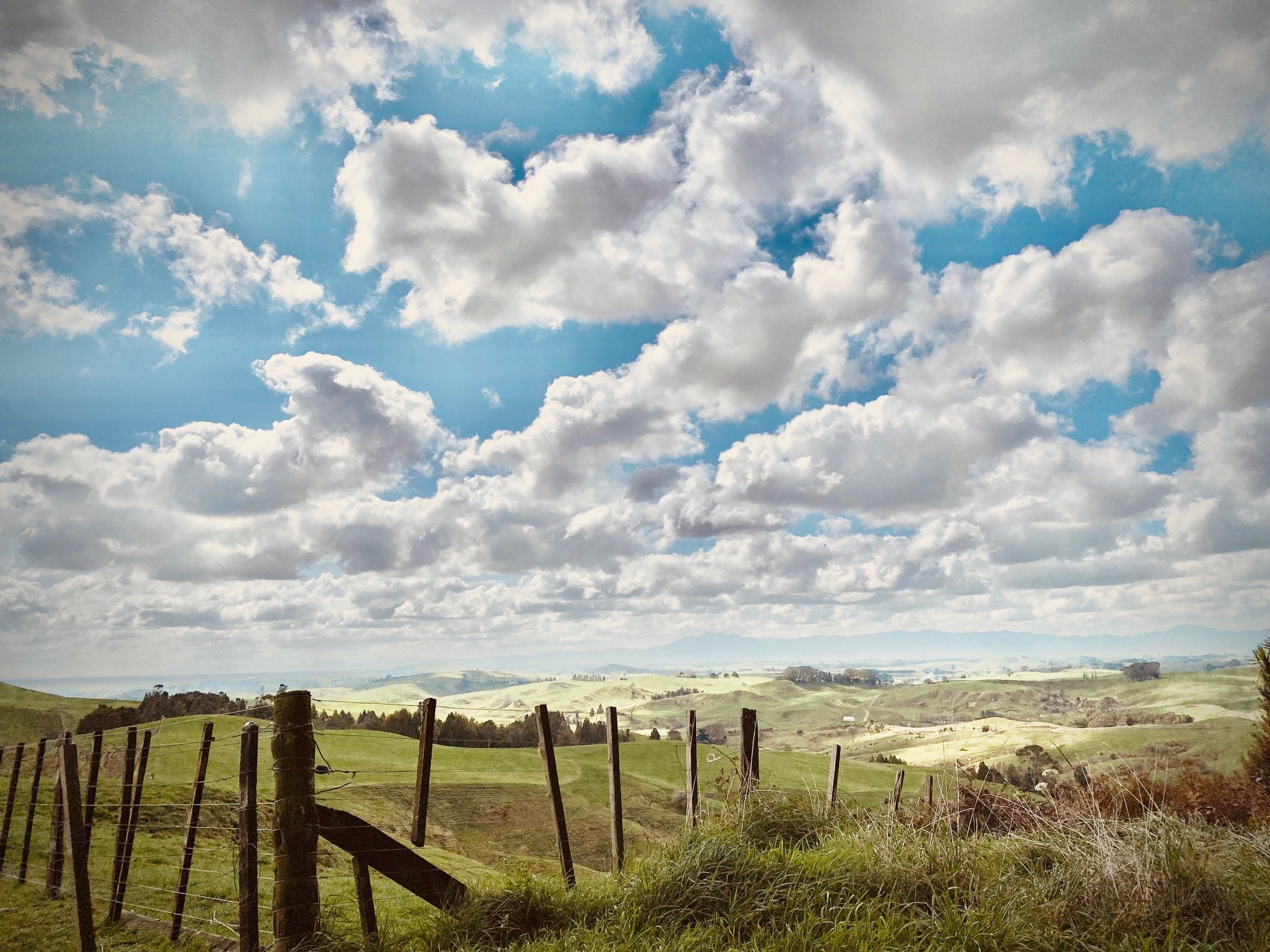 A sweeping view of rolling green hills in Te Miro, under a partly cloudy sky with patches of blue.