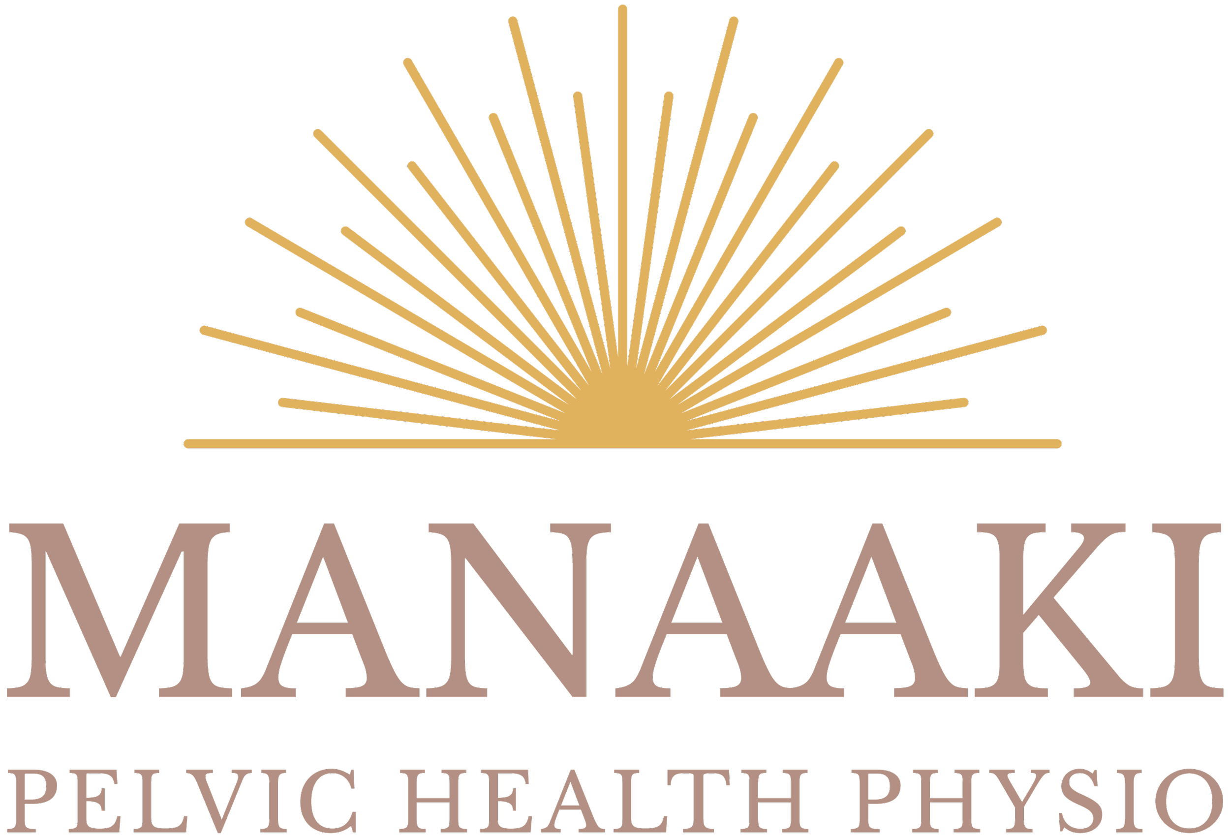 Logo for MANA AKI Pelvic Health Physio featuring a stylized golden sun with rays and the text 'MANA AKI Pelvic Health Physio'.