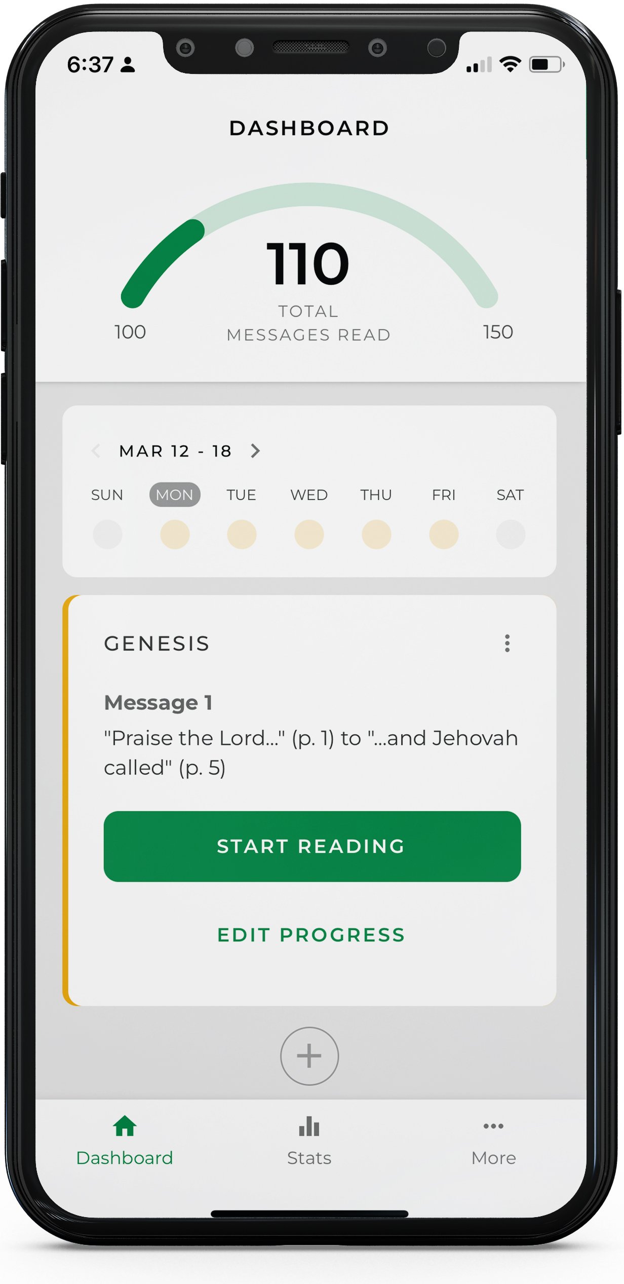 A smartphone screen displaying a Bible reading app with a dashboard showing messages read, a weekly schedule, and options to start reading or edit progress.