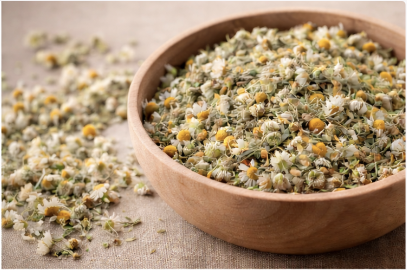 Dried chamomile flowers in a wooden bowl with some spilled on a beige surface.