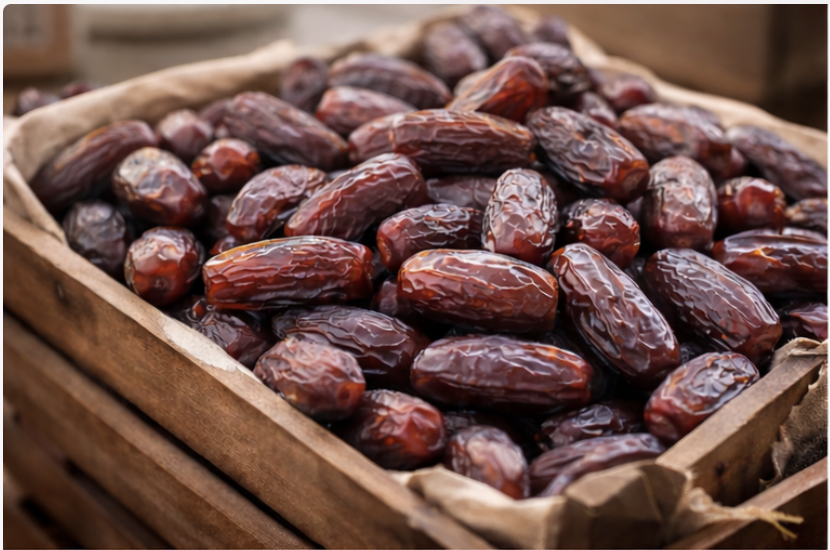 A wooden crate filled with fresh, shiny medjool dates.