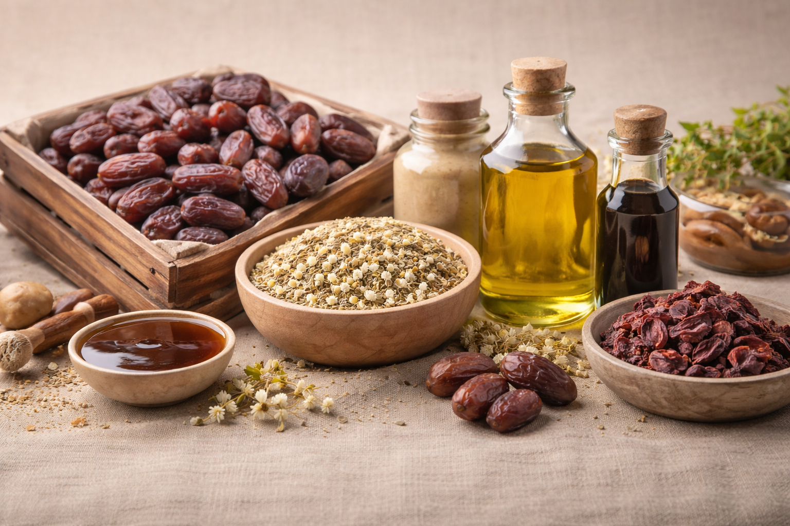 Assorted natural ingredients including dates, dried flowers, honey, oils, and herbs on a beige surface.