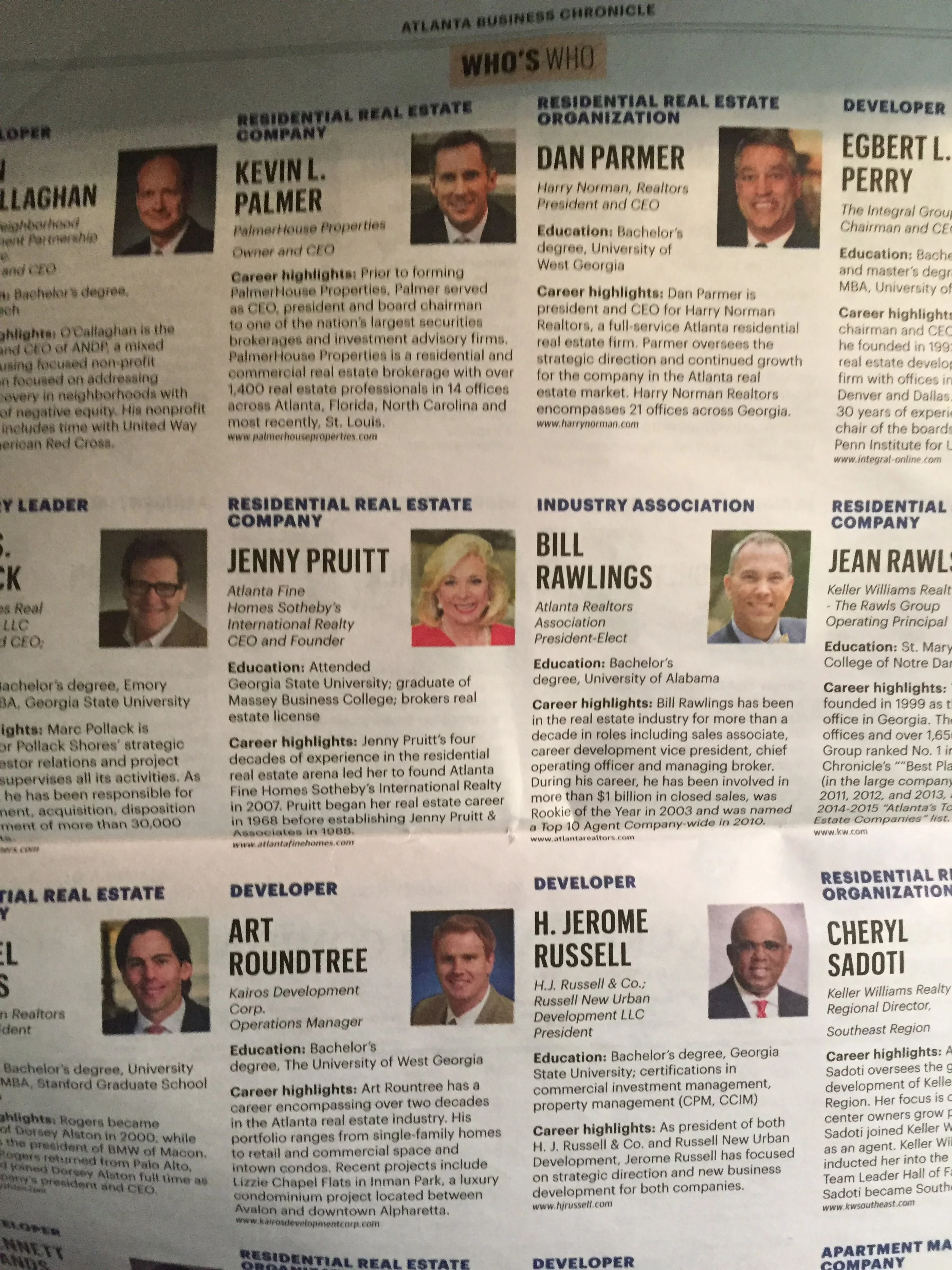 Page from the Atlanta Business Chronicle featuring profiles of real estate professionals and developers, including photos and biographies.