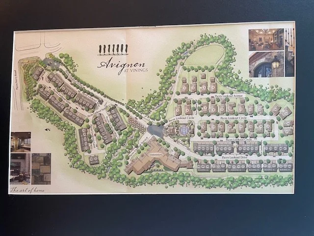 A detailed site map of Avignon at Vinings, showing residential areas surrounded by trees, labeled streets, and some interior images of the apartments in the top right and bottom left corners.