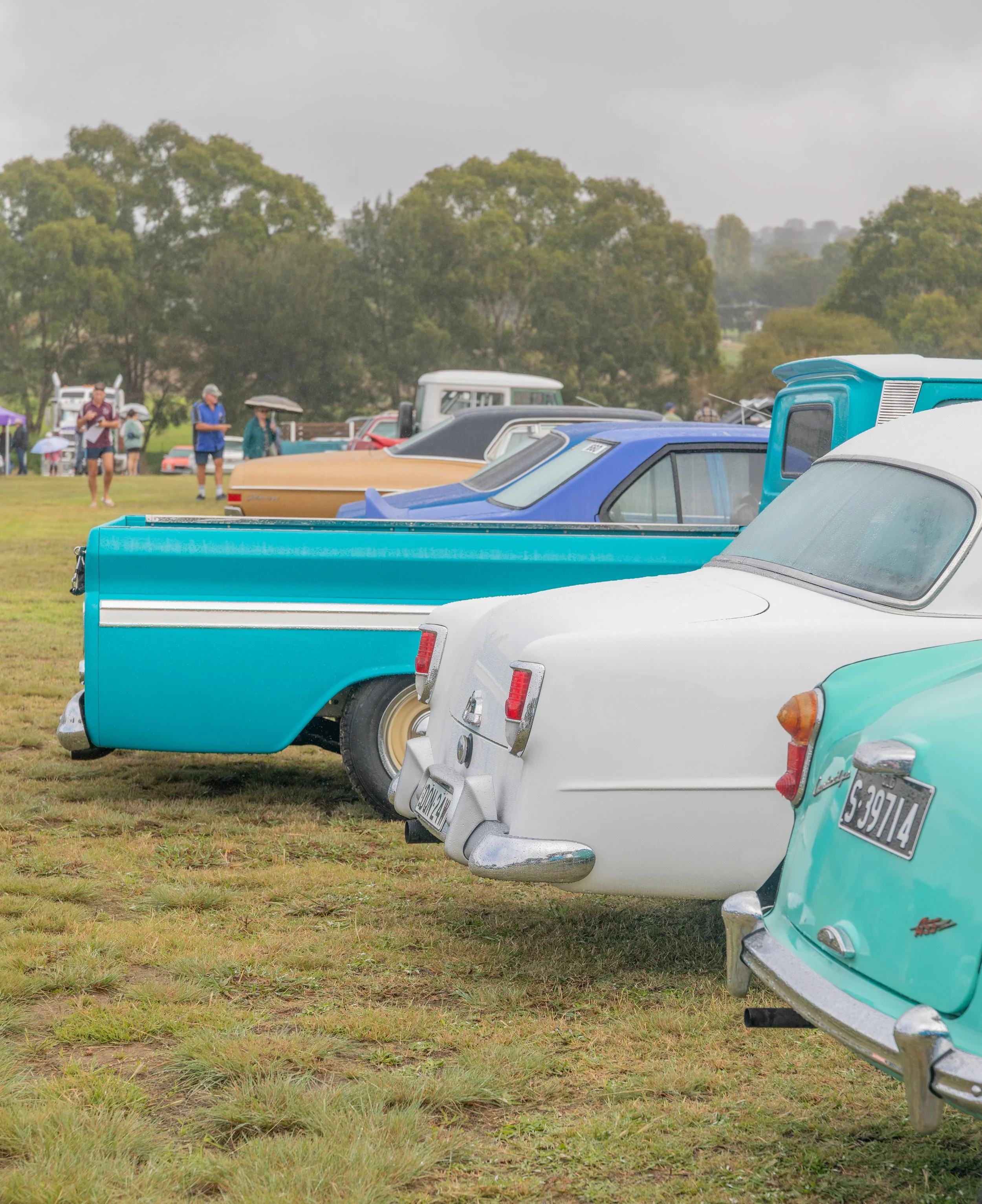 Line of vintage cars parked on grass at a car show on a cloudy day, with people walking and looking at the cars in the background.