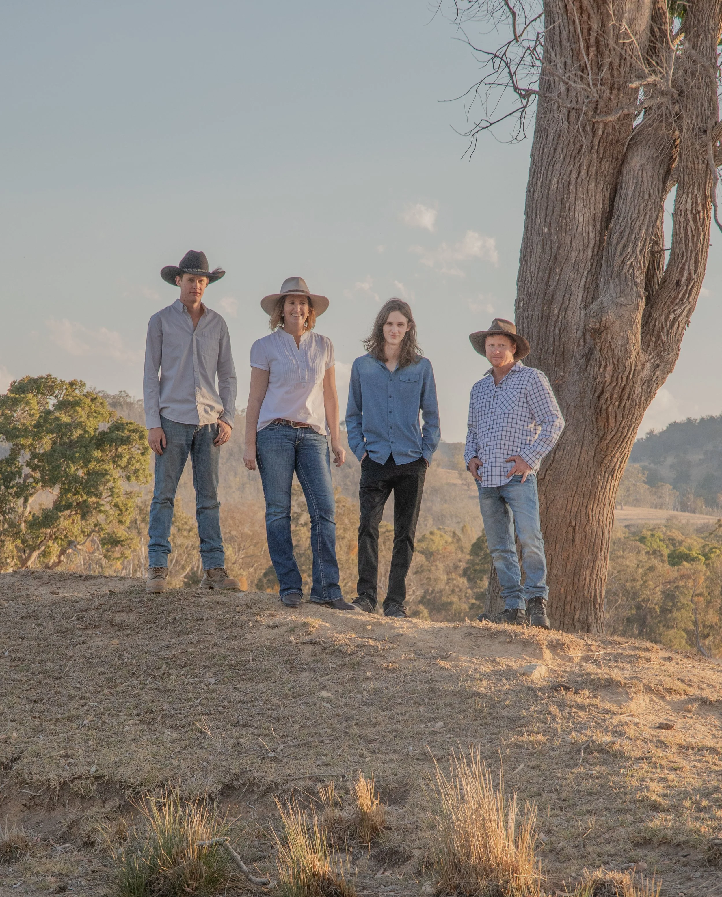 Four people standing outdoors on a hill with a tree nearby, during sunset or late afternoon, in a rural or countryside setting.