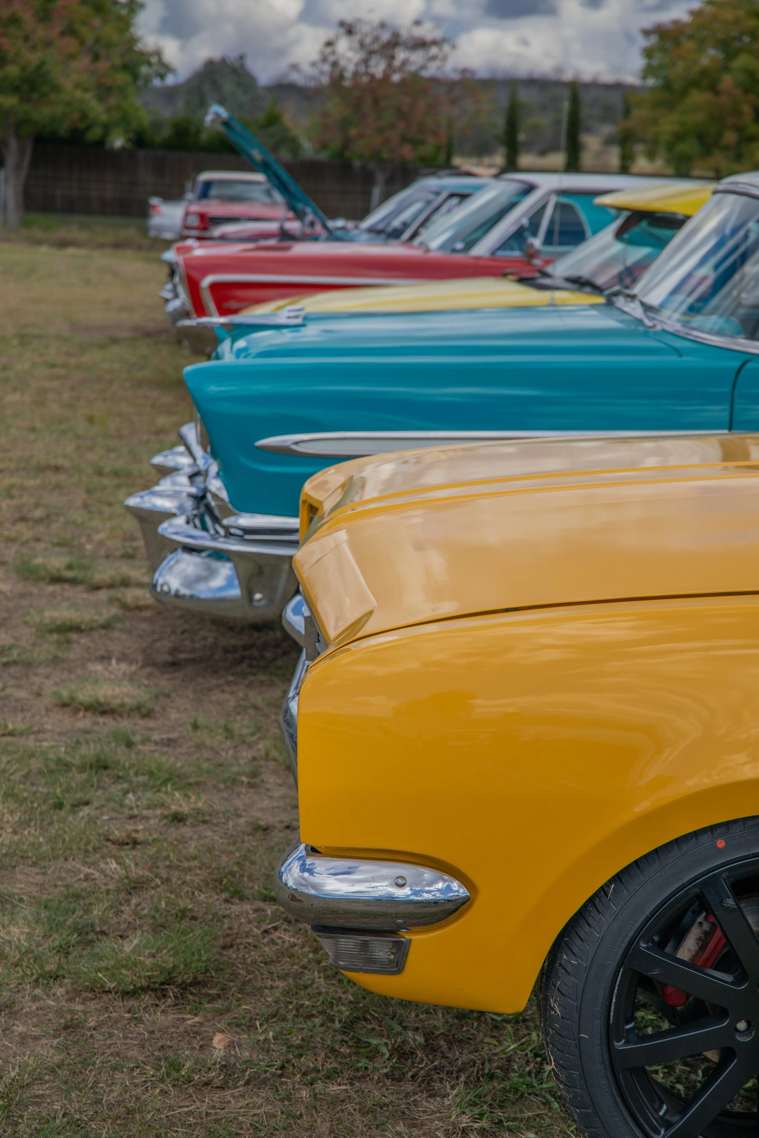 Close-up of vintage cars in yellow, teal, red, and other colors parked on grass, with trees and cloudy sky in the background.