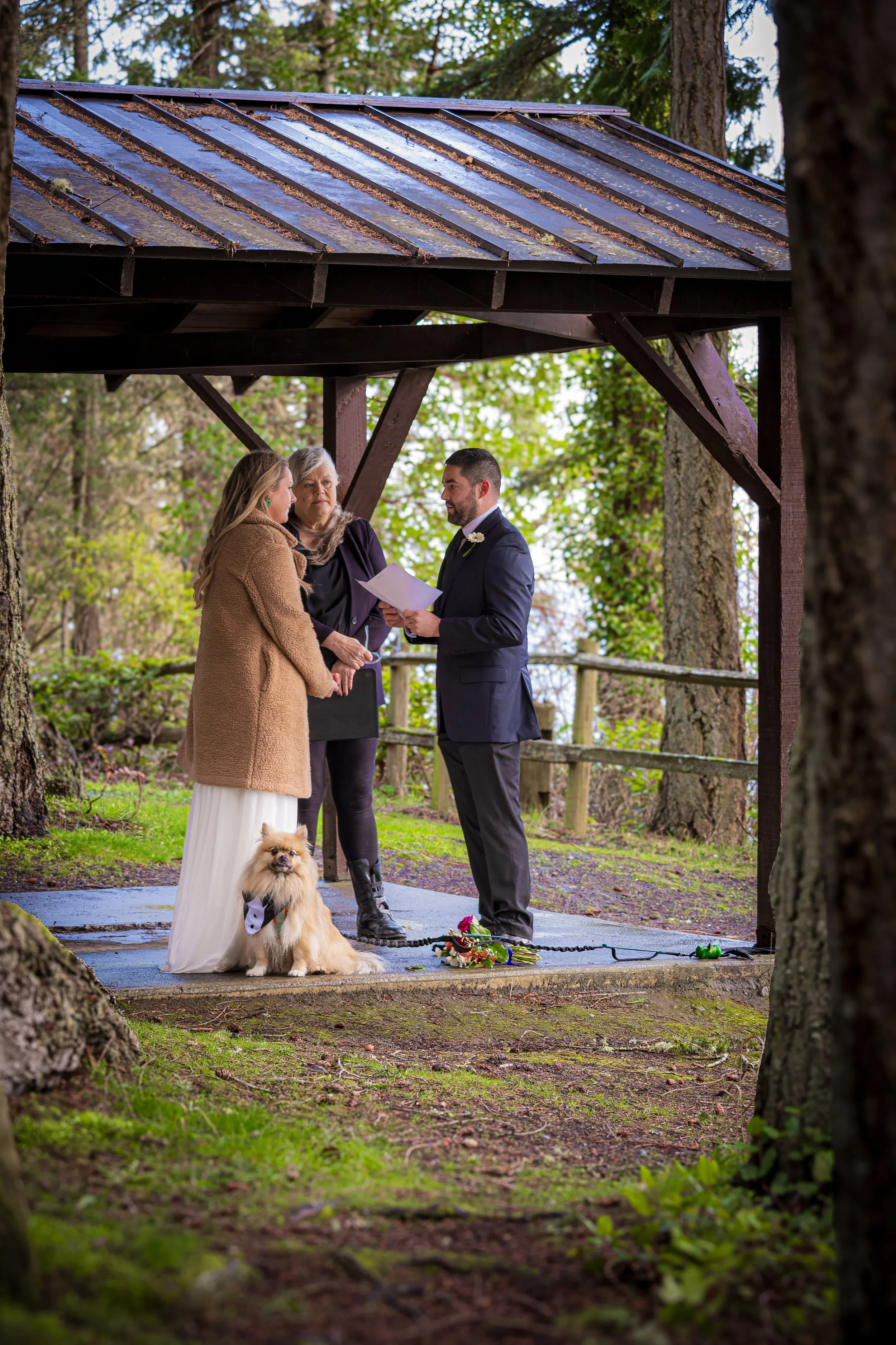 A couple getting married outdoors under a wooden shelter, with an officiant, a dog, and wedding flowers, surrounded by trees and nature.