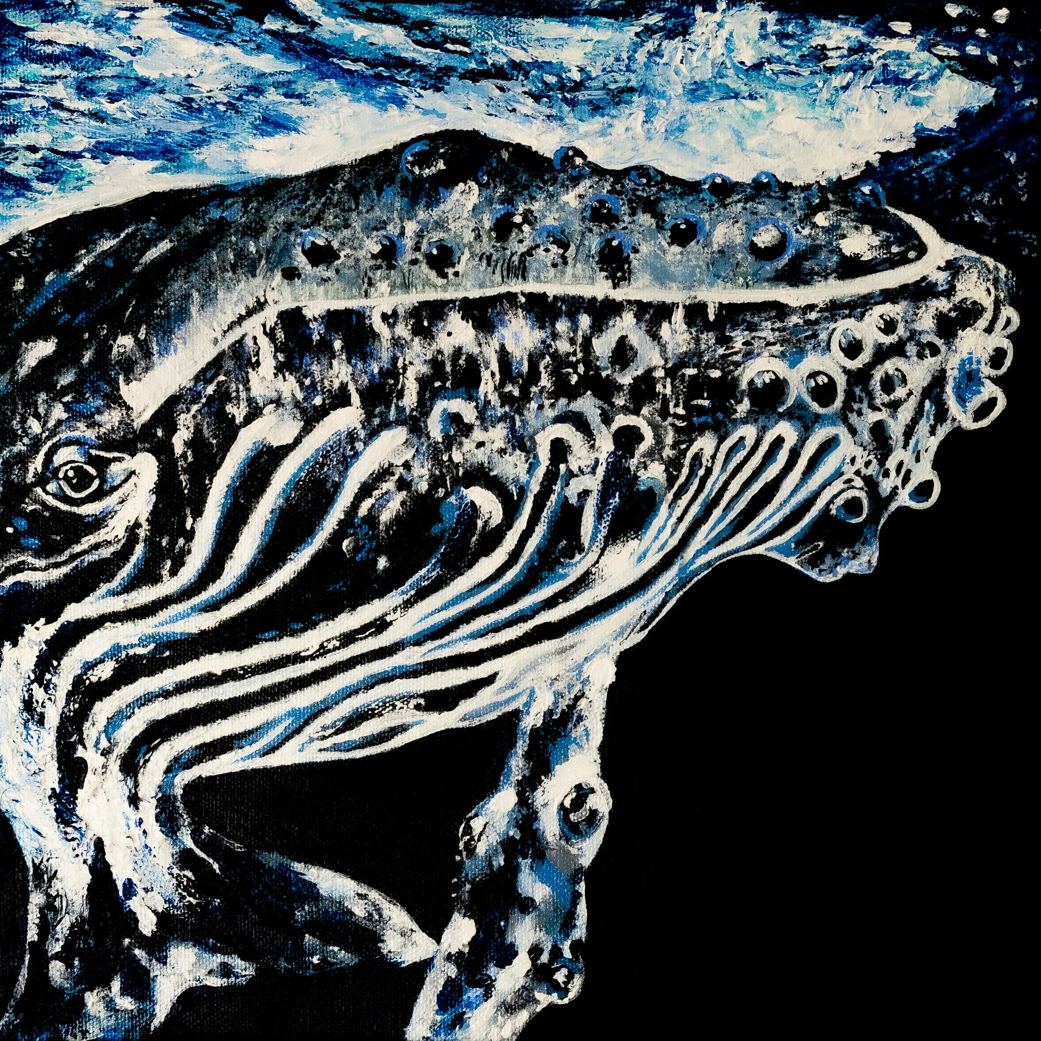 A monochromatic painting of a whale, primarily in black, white, and blue tones. The whale's head and part of its body are visible, with detailed lines and bubbles depicted around its head.
