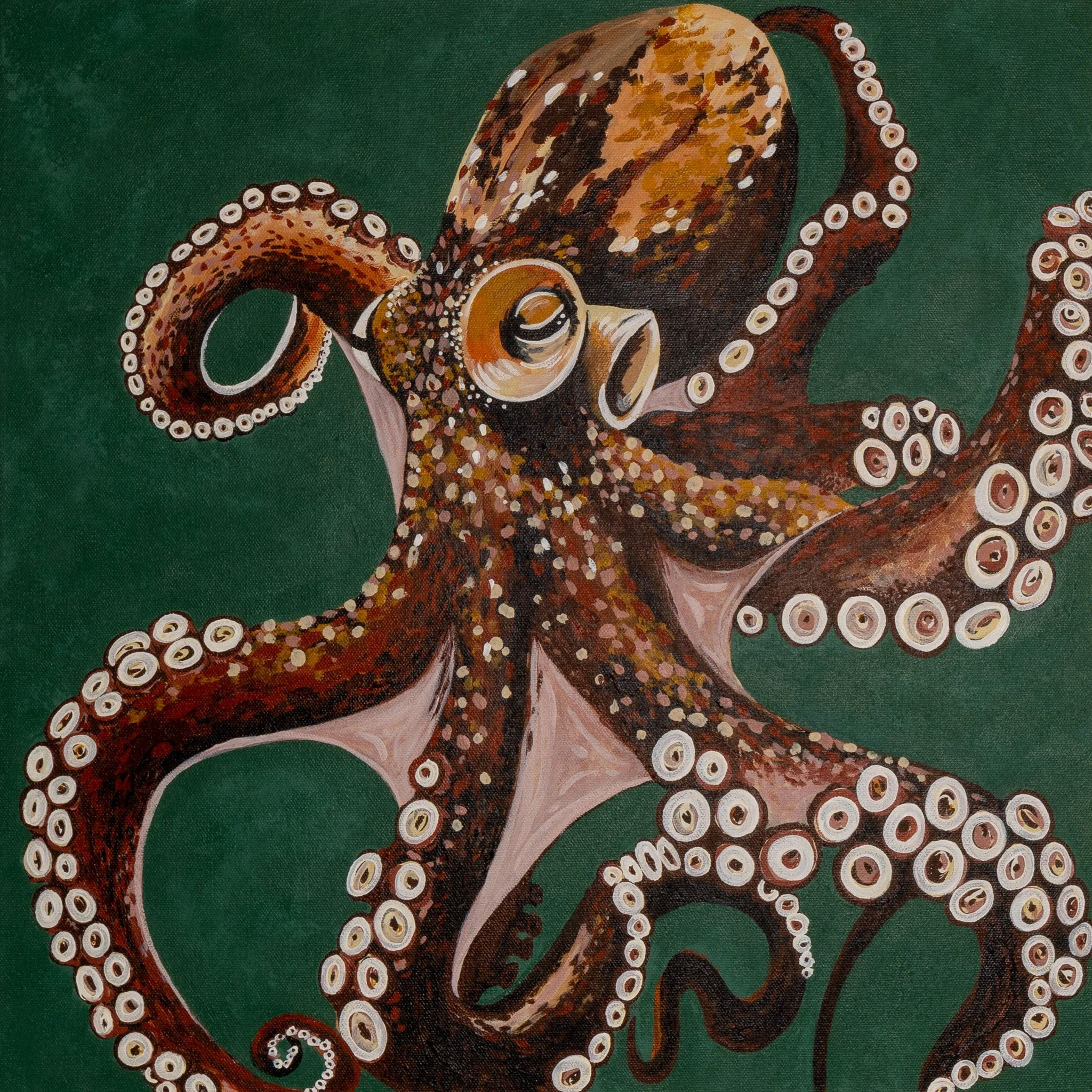 Painting of an octopus with detailed tentacles and large eyes on a dark green background.