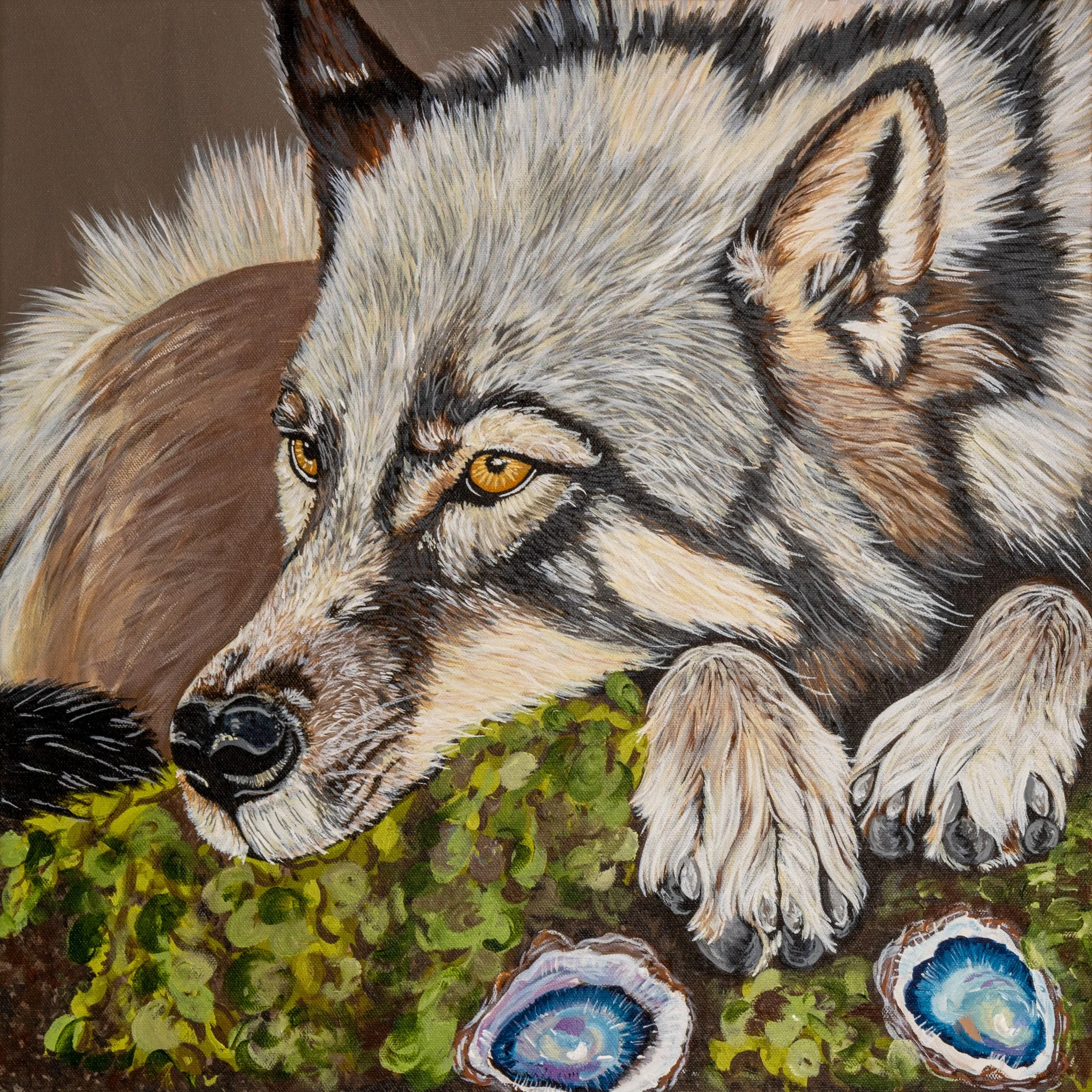 Painting of a wolf resting on green moss with blue seashells nearby.