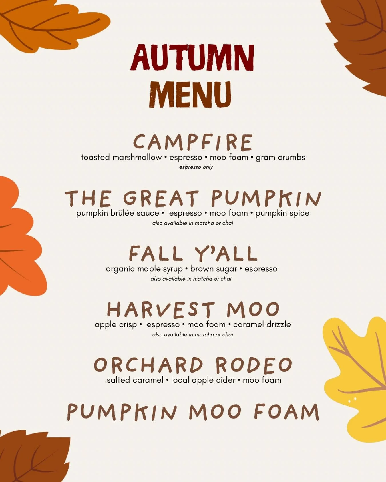 The long wait is OVER 🥹

Our Autumn Menu is officially here and we&rsquo;re so excited to finally share it with y&rsquo;all! We put together a little something for everyone this season, whether you&rsquo;re an espresso, matcha, chai, or apple cider 