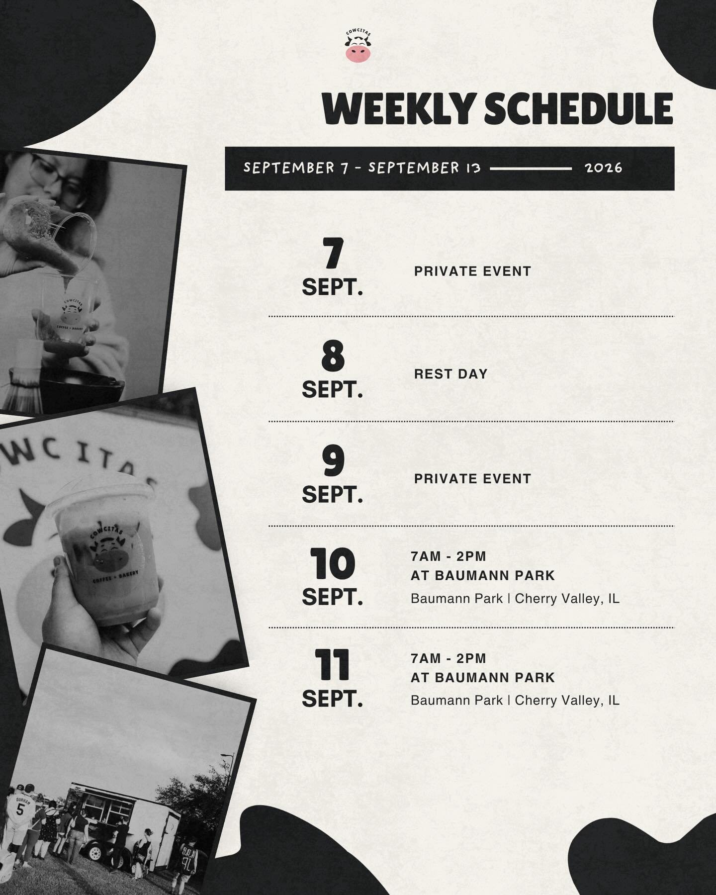 We&rsquo;re starting the week off with a couple of private events, taking a much needed rest day, and then bringing the trailer back out for the rest of the week ☕️

Thursday + Friday, we&rsquo;re back at our usual spot at Baumann Park, then spending