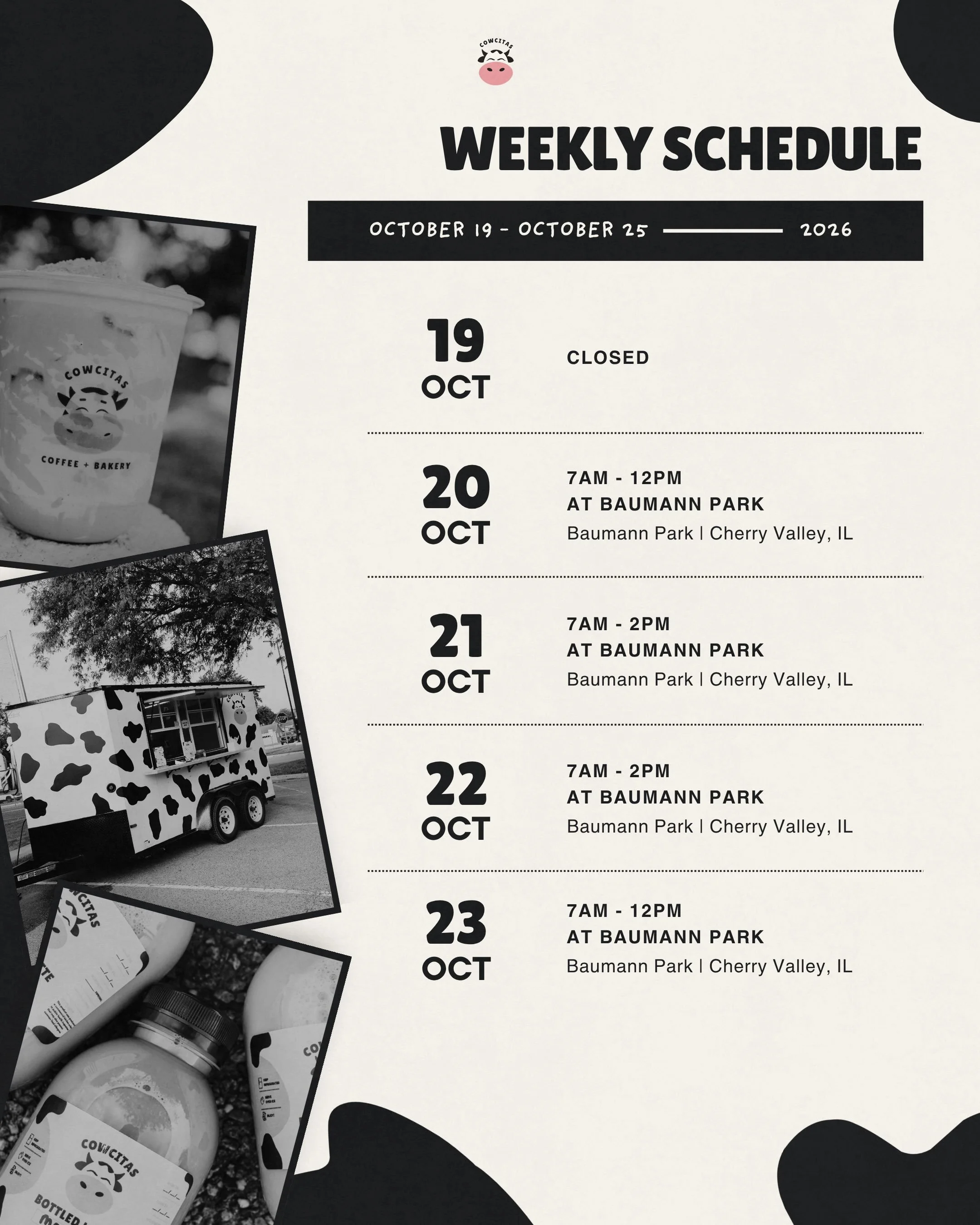 We&rsquo;re keeping things pretty local this week with FOUR mornings at Baumann Park, and then on Saturday, we&rsquo;ll be joining the Cherry Valley Trunk or Treat in Downtown Cherry Valley! 

We&rsquo;re excited to see everyone dressed up and spend 