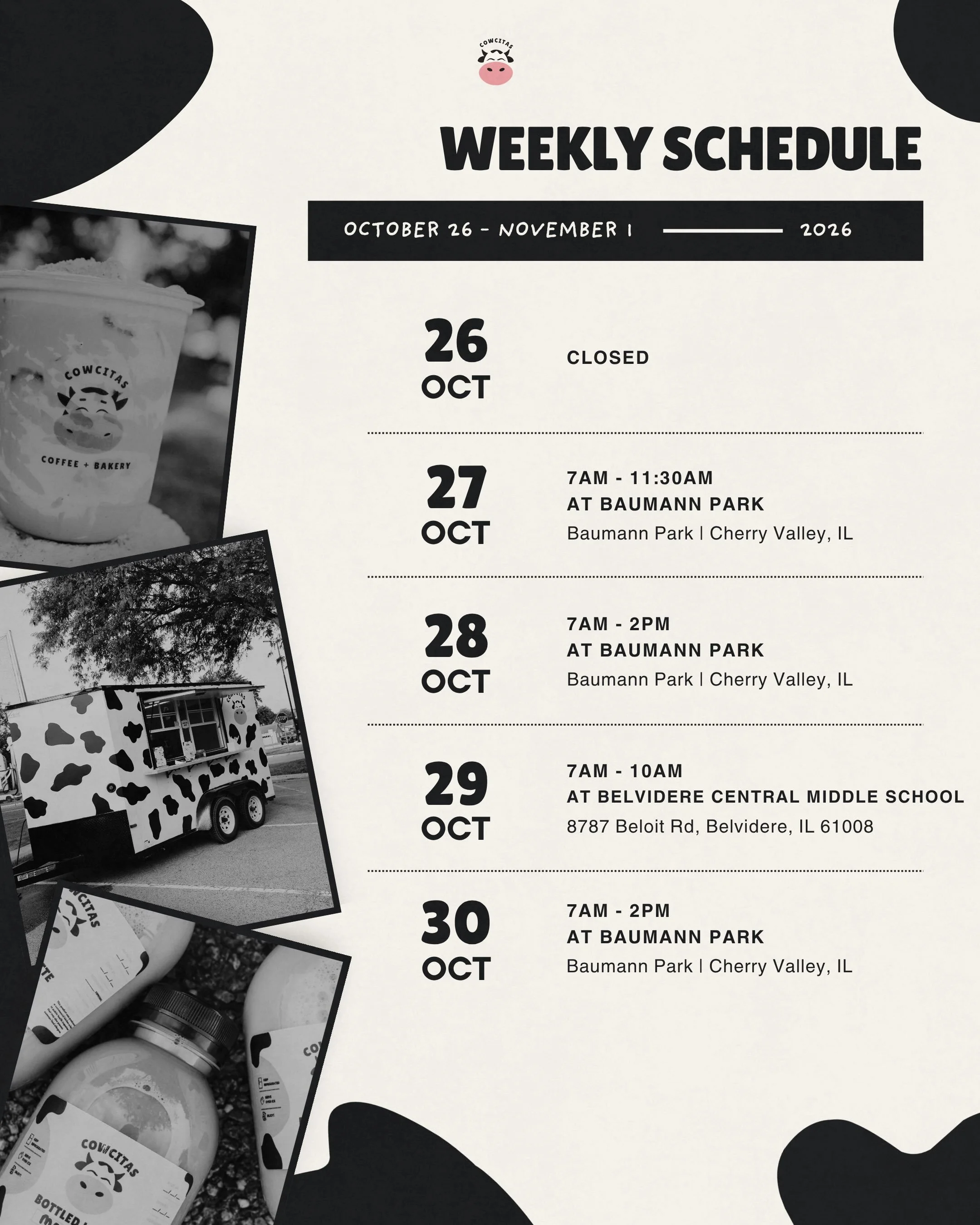 This week&rsquo;s schedule is finally here!!! 🐮

We are out at Baumann Park most of the week, with one little field trip on Thursday. We are heading to Belvidere Central Middle School from 7am to 10am, so bring your early bird energy!

Saturday is s