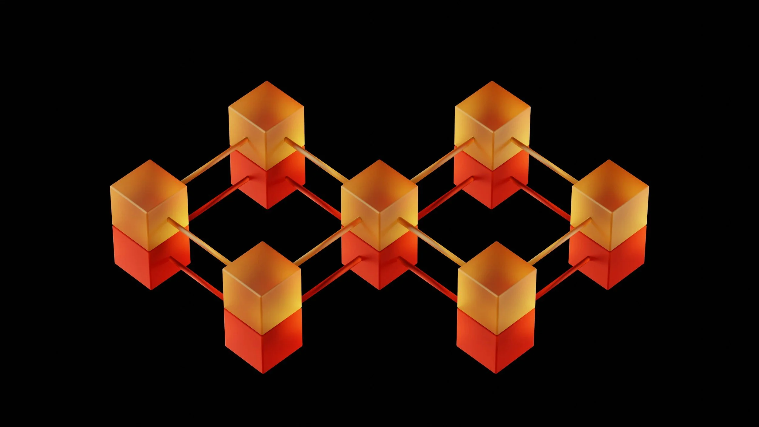 A digital illustration of a blockchain with interconnected gold and red blocks on a black background.