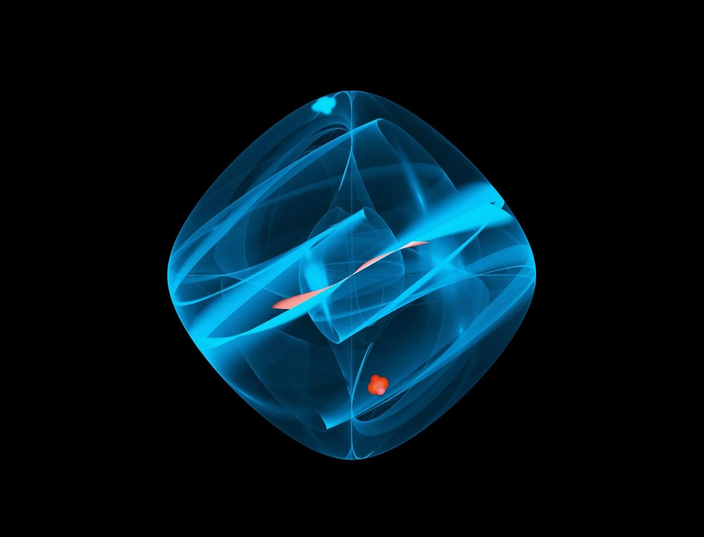 Abstract digital art featuring a glowing blue geometric shape resembling a hollowed-out sphere with swirling lines and a black background.