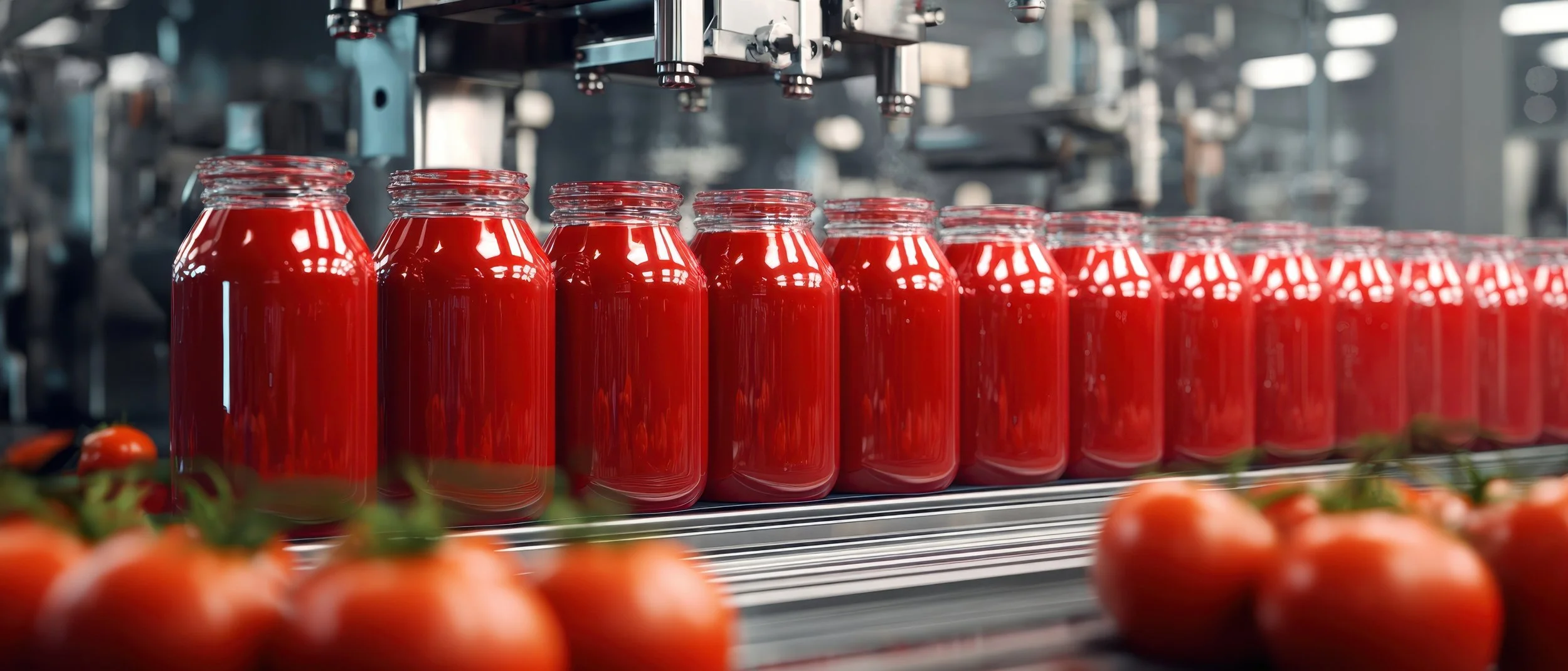 Glass jars filled with red tomato sauce on a production line, at Sonoma Specialty Foods.