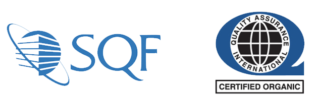 Logo for SQF, representing Quality Assurance International, with a globe and text indicating Certified Organic.