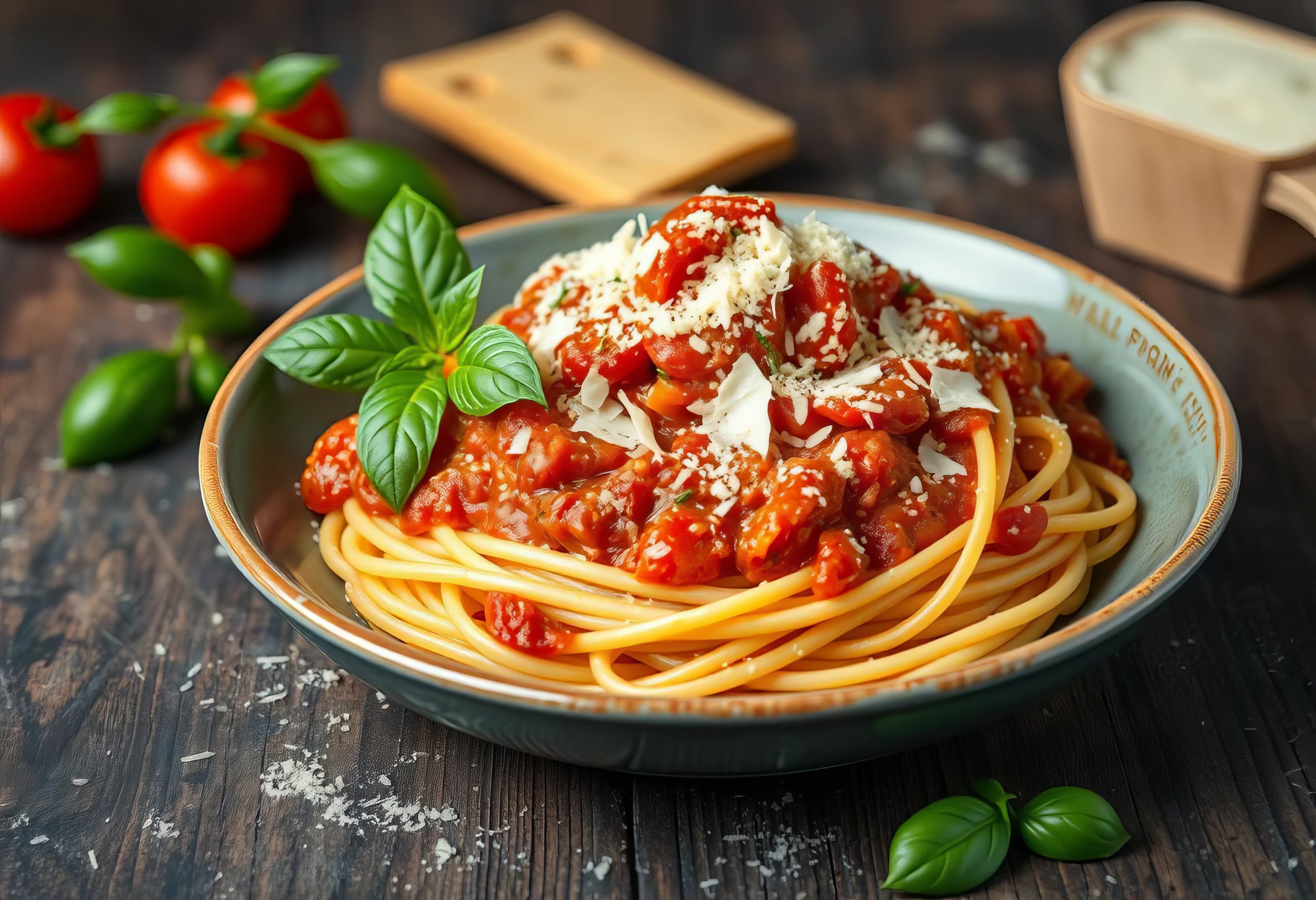 A bowl of spaghetti with tomato sauce made by Sonoma Specialty Foods.