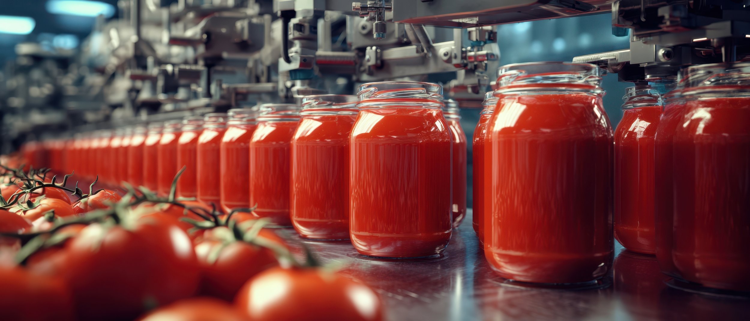 Tomato sauce being filled into glass jars on a manufacturing line.