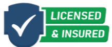 A badge with a dark blue shield and a white checkmark, displaying 'LICENSED & INSURED' in white and green text.