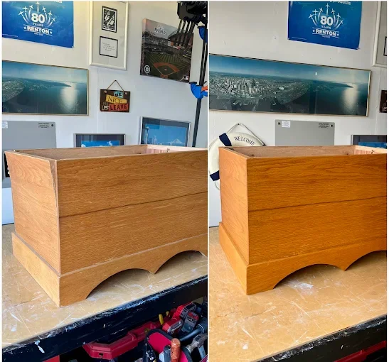 Side-by-side comparison of a wooden box, showing before and after staining or finishing. The left side shows the unfinished or lighter wood, and the right side shows the finished or darker wood.