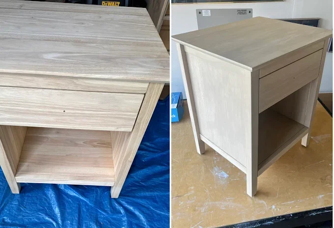 Two side-by-side images of unfinished wooden nightstands with drawers, showing different perspectives and finishes.