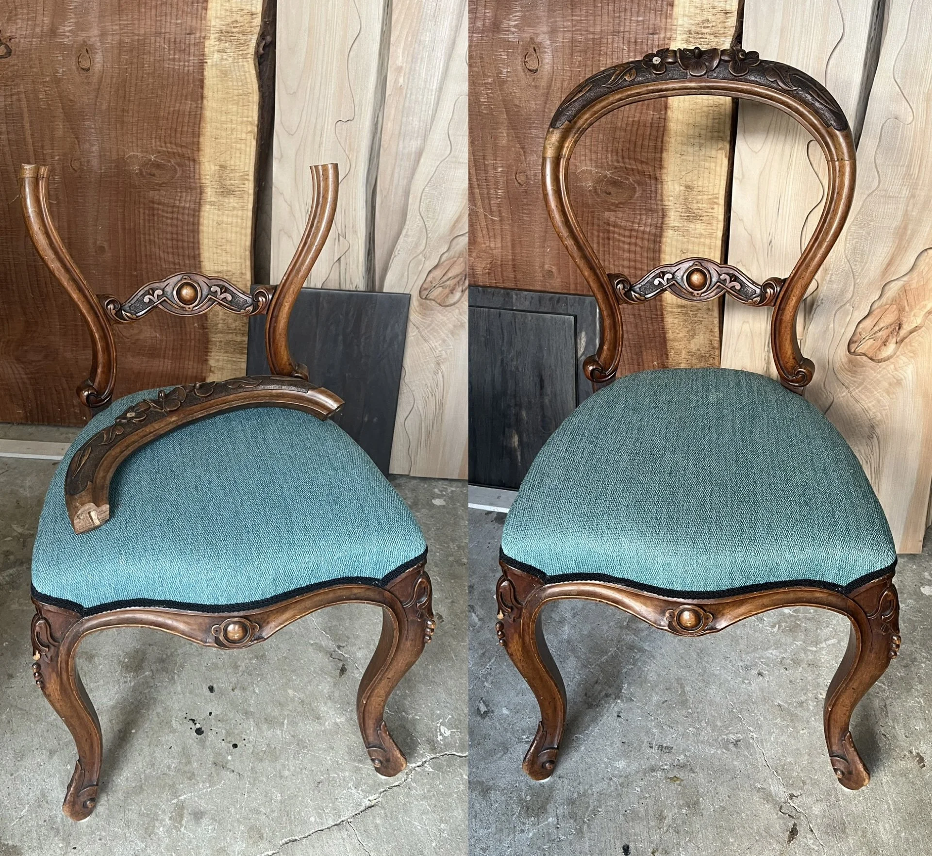 Two antique wooden chairs with teal upholstered seats, positioned on a concrete floor against a wooden wall background.