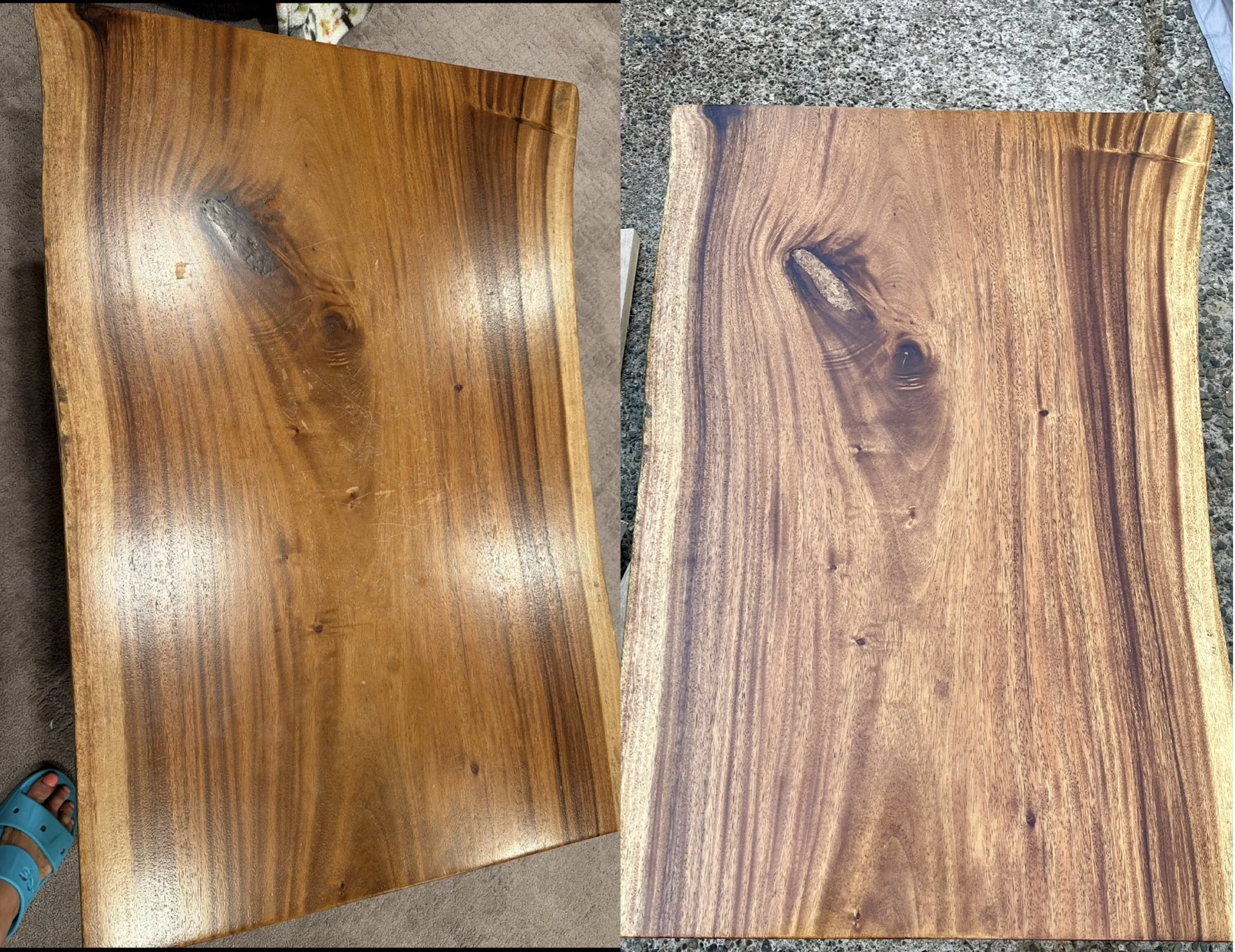 Two wooden tabletops with natural wood grain and knots, one on brown carpet and the other on a concrete surface, with a person's foot in a turquoise sandal visible in the bottom left corner.