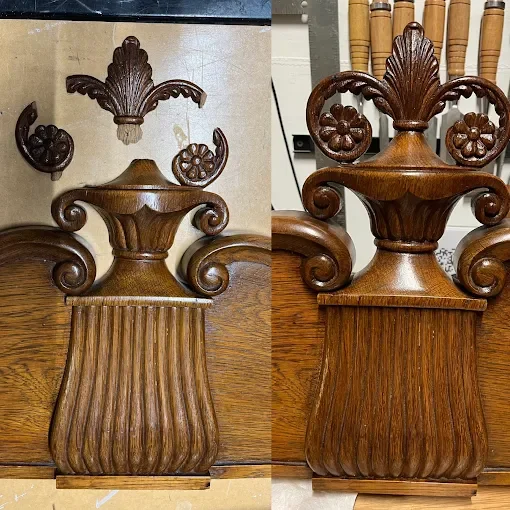 Comparison of two wooden decorative vases with ornate floral and scroll designs, one damaged and one restored.