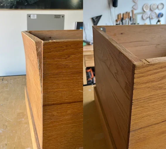 Comparison of two wooden furniture pieces showing different finishes and craftsmanship details.