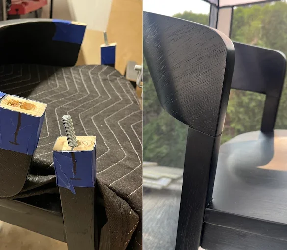 Side-by-side comparison of two black wooden chairs, with one chair partially disassembled showing bolts and hardware, and the other intact with a smooth finish and armrest.