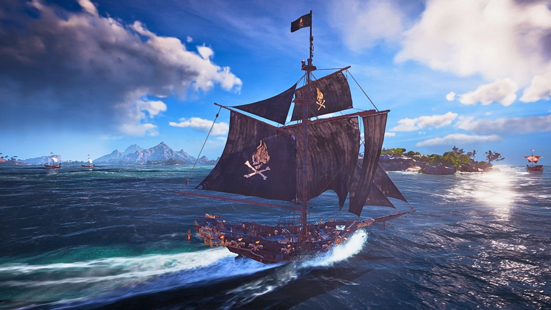 A pirate ship sailing on the ocean with a black flag and sails featuring a skull and crossed bones, under a sky with clouds and a distant island.