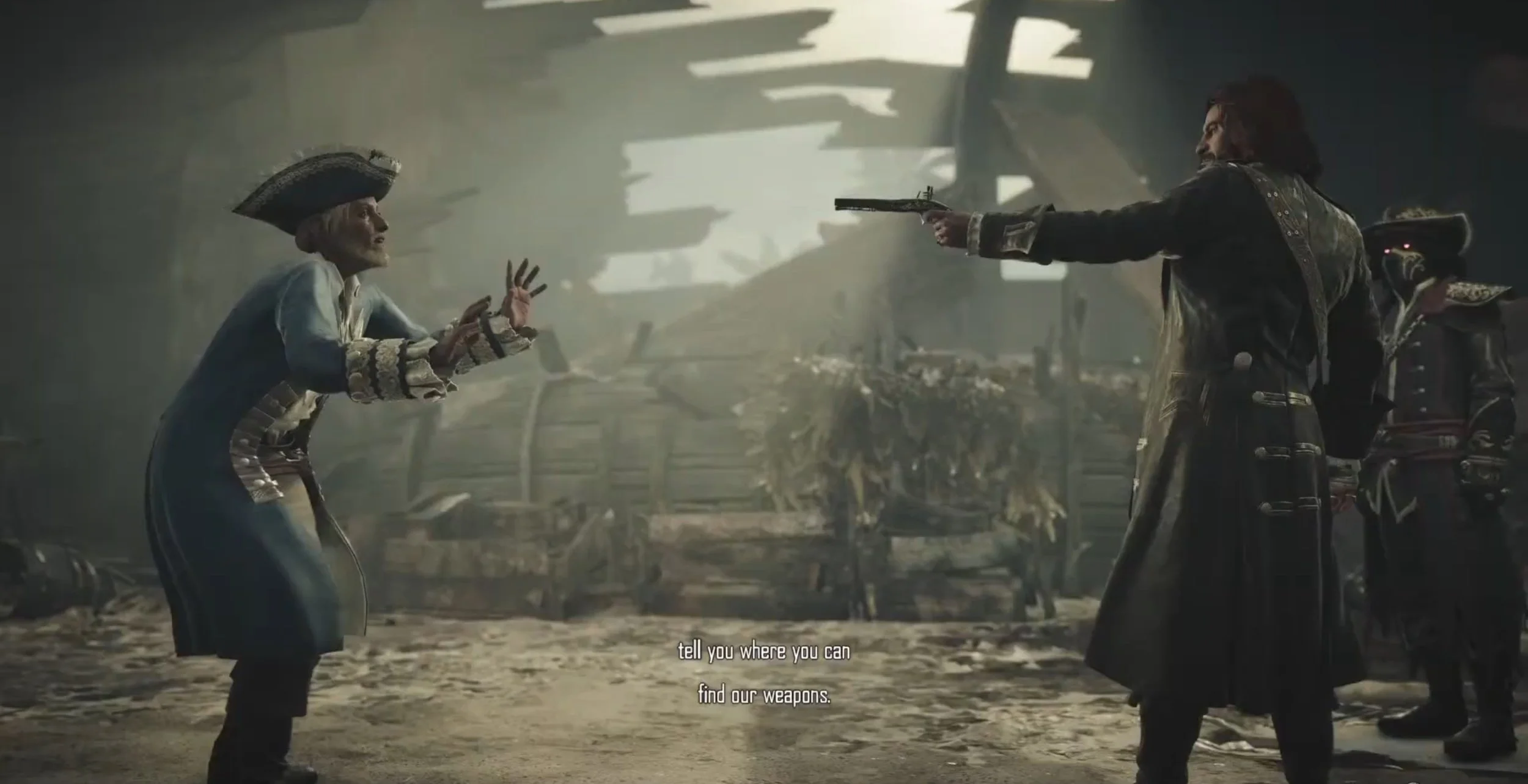 Two characters in historical costumes facing each other with one pointing a pistol and the other raising their hands in a defensive gesture in a dark, damaged setting.