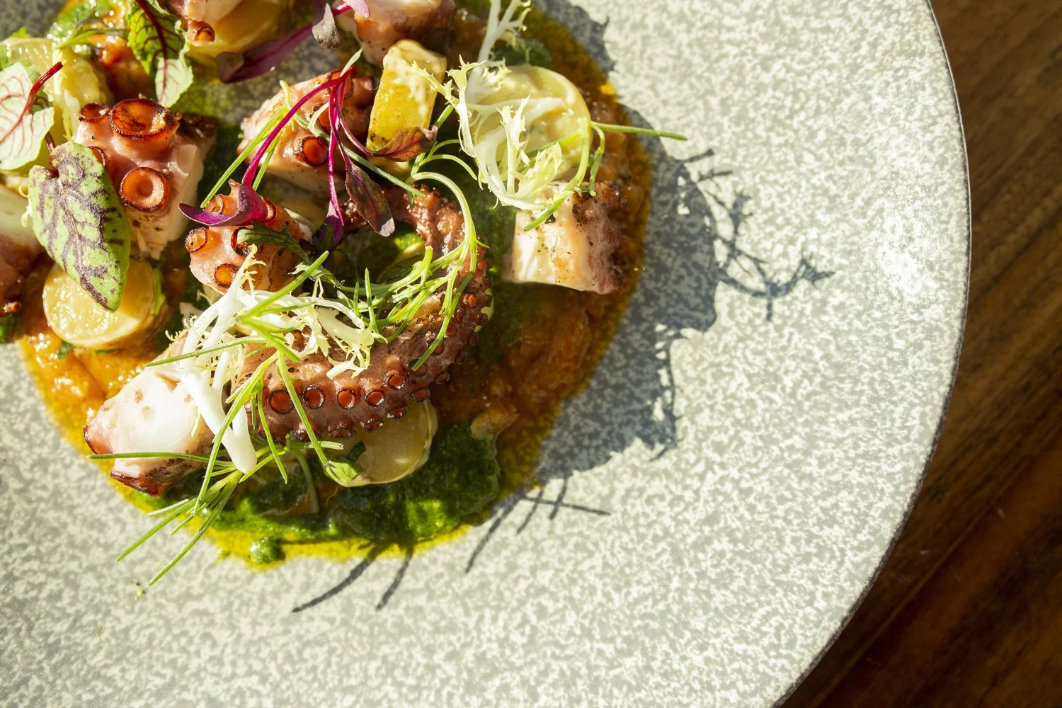 Octopus tentacle garnished with microgreens and herbs, served with sauce on a textured ceramic plate.