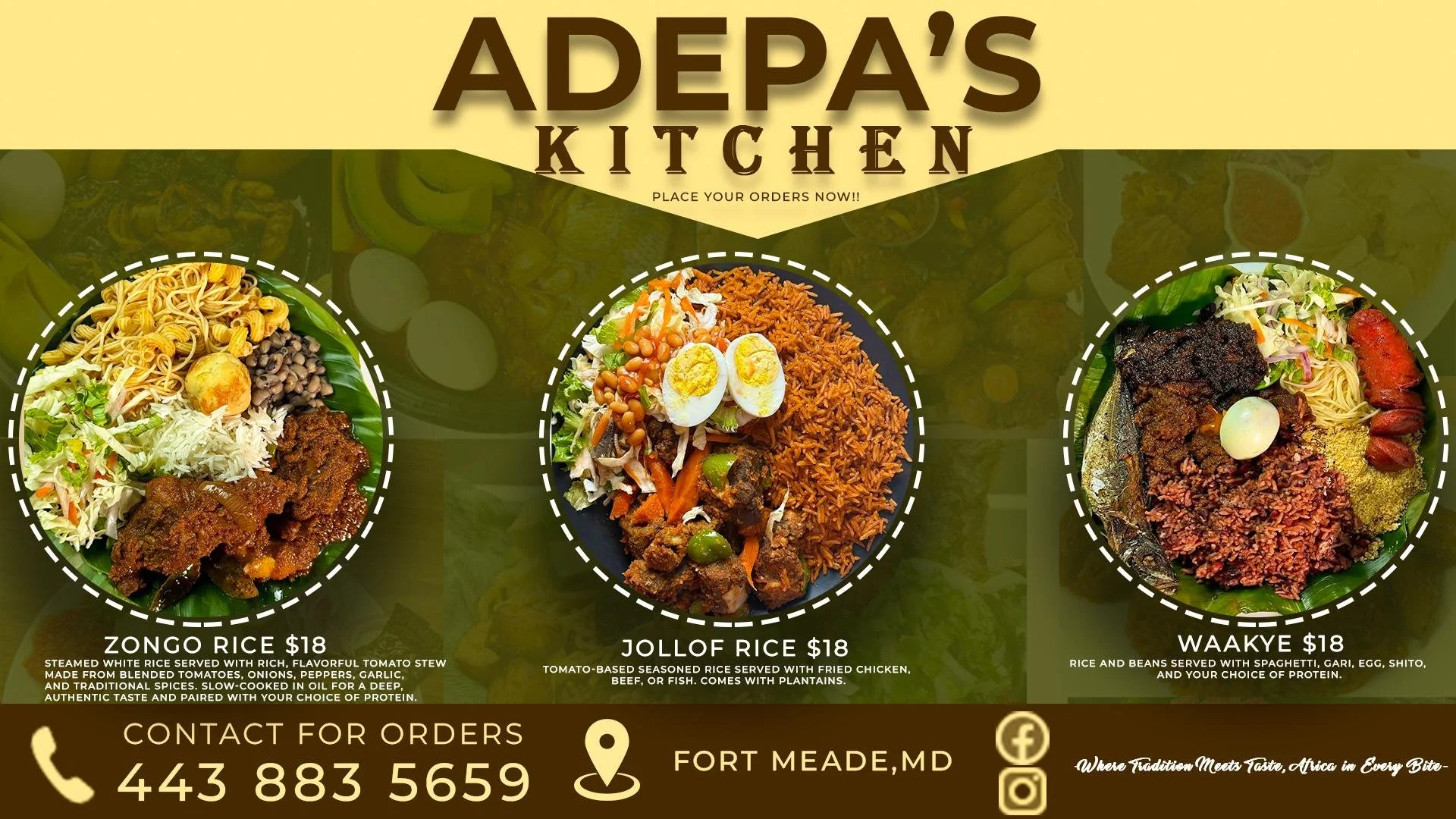 Menu poster for Adepa's Kitchen featuring three rice dishes: Zong Rice, Joloff Rice, and Waakye, each priced at $18. The poster includes a contact phone number, location in Fort Meade, Maryland, and social media icons.