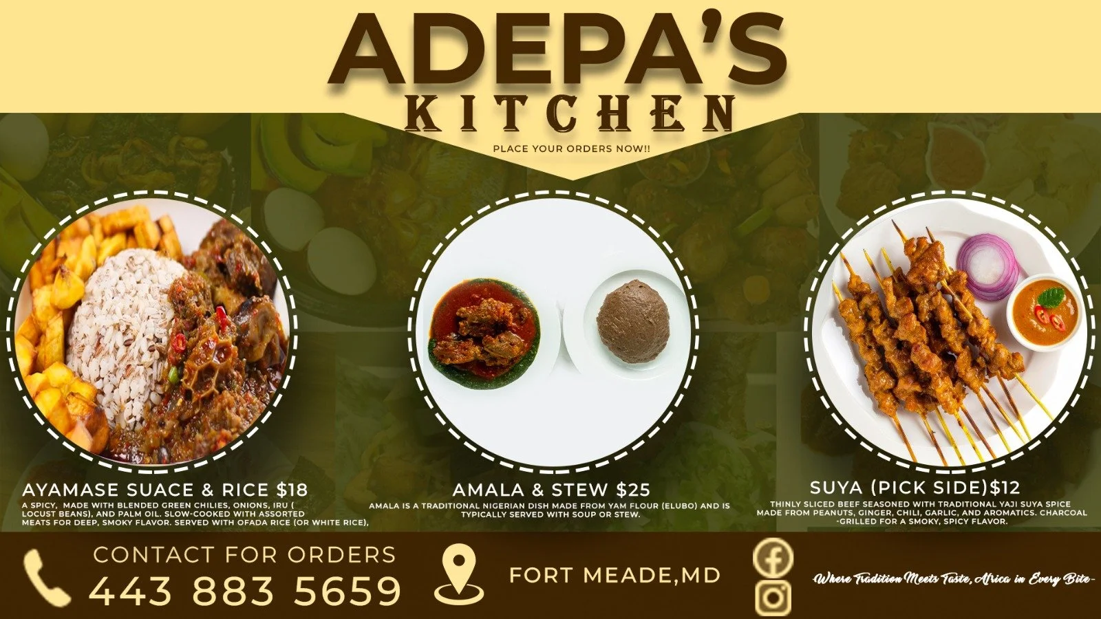 Menu for Adepa's Kitchen featuring three dishes: Ayame Suace & Rice, Amala & Stew, and Suya (pick side). The Ayame Suace & Rice shows rice with stew and vegetables. The Amala & Stew shows a plate of amala with a meat stew. The Suya shows grilled skew