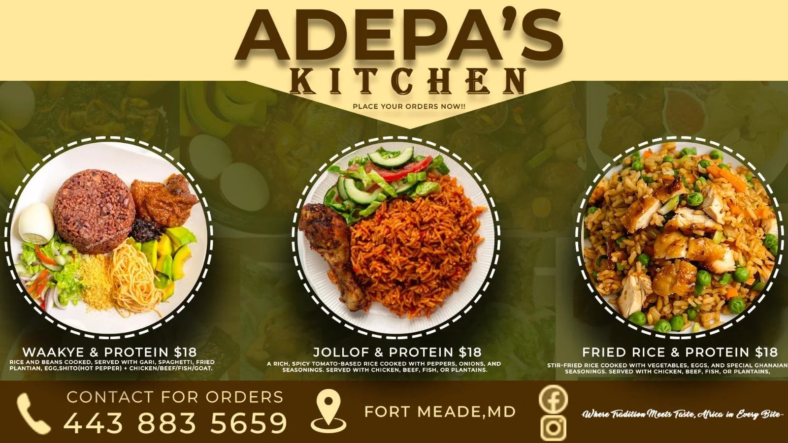 Menu from Adepa's Kitchen featuring three dishes: the first is rice and beans with fried plantain, egg, and sambal; the second is jollof rice with chicken and a side salad; the third is fried rice with vegetables, chicken, and peas. Contact number 44