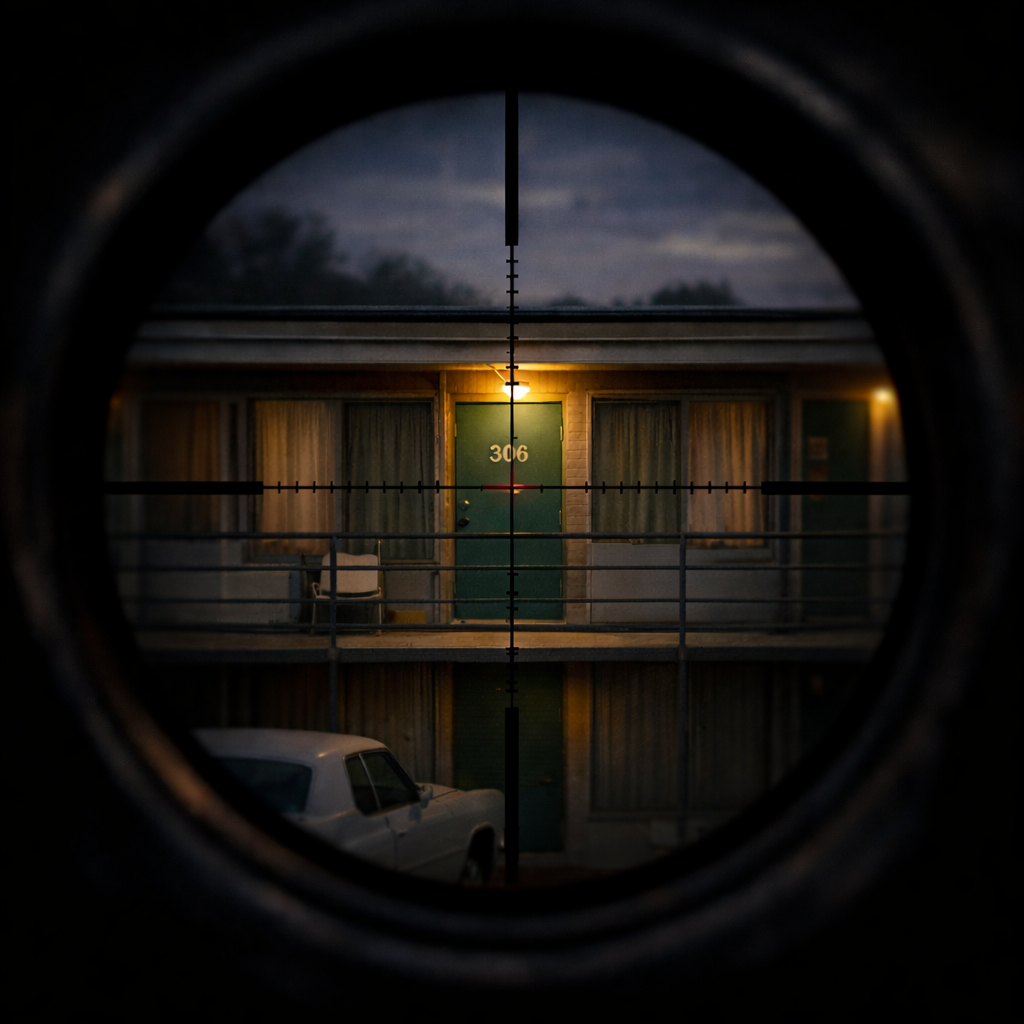 View through a rifle scope showing a building with a green door numbered 306, illuminated by a porch light, with a parked car and windows in the background.
