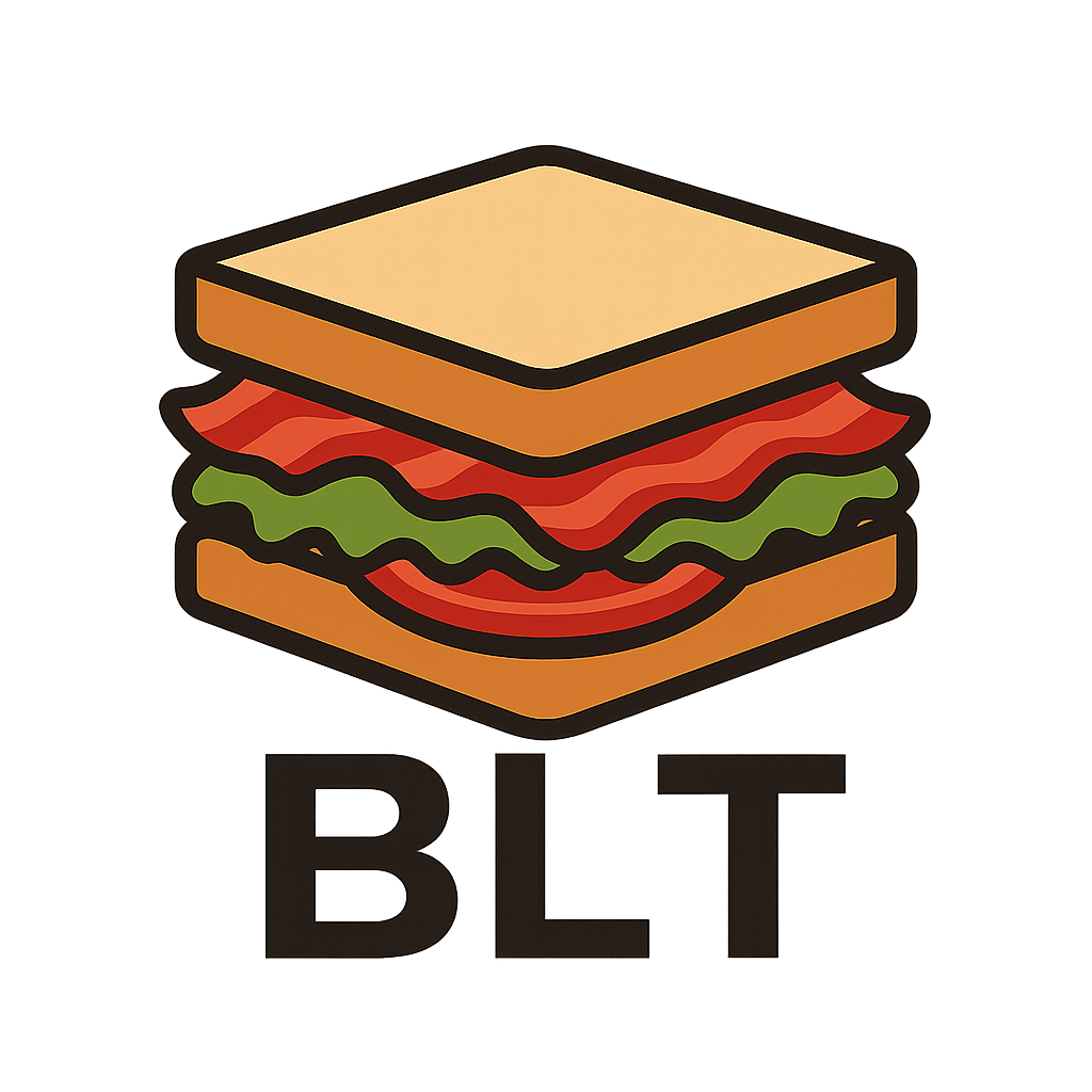 Illustration of a BLT sandwich with bacon, lettuce, tomato, and bread, with the text 'BLT' below.