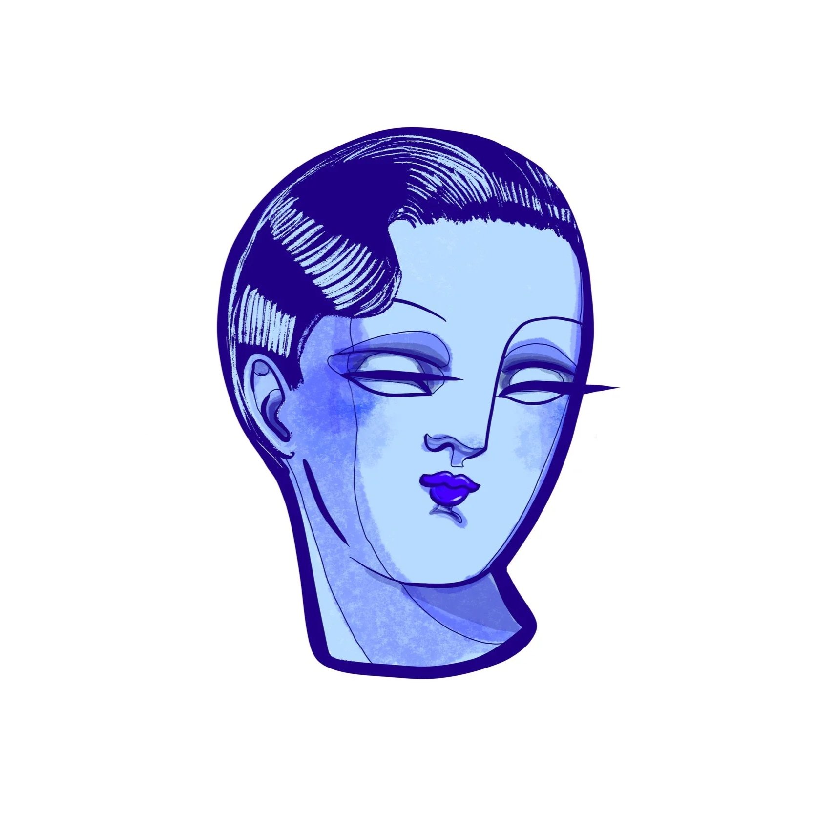 A stylized illustration of a woman with short dark hair, closed eyes, and purple lips, drawn in shades of blue and purple.