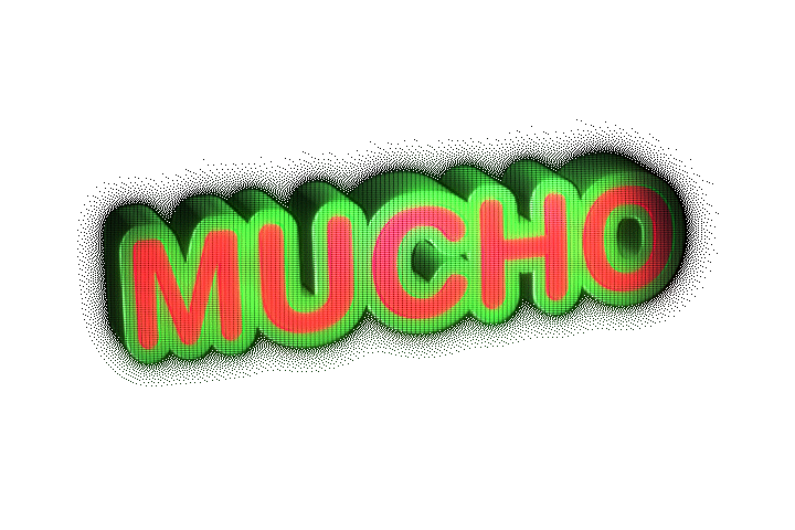 Neon sign displaying the word "MUCHO" in red letters outlined with green, with a glowing effect on a black background.