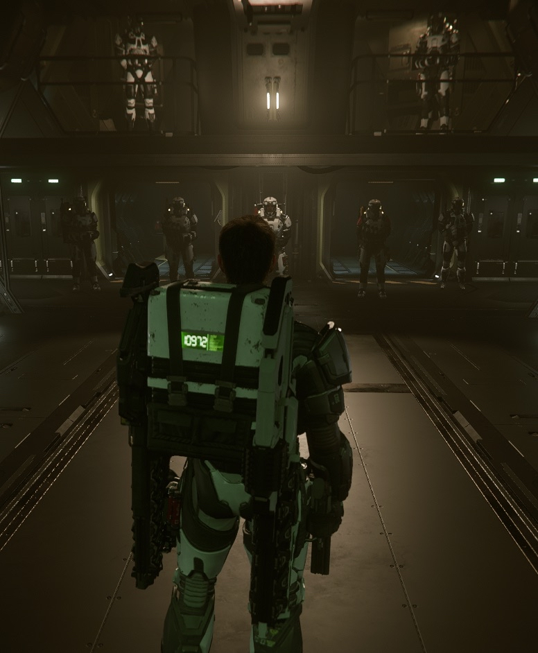A person in futuristic armor with a digital display on their back facing a group of five soldiers in a spaceship or space station corridor.