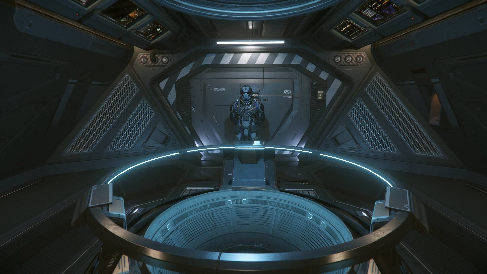 Interior of a spacecraft with a person in a spacesuit standing in front of a closed hatch, sleek metallic surfaces, advanced technology, and monitoring equipment.