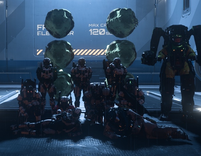 A group of astronauts and a robot posing for a photo inside a spaceship or space station, with floating rocks in the background.
